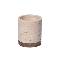 Travertine kaarshouder L Ø9,5x9cm incl. hout plateau - Mooisa