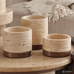 Travertine kaarshouder S Ø9,5x4cm incl. hout plateau - Mooisa