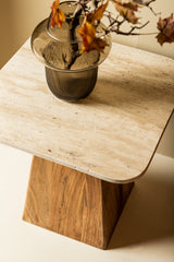 Bronson Cream Travertine and wood sidetable low