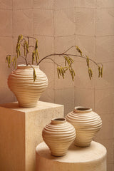 Mickie Beige round bulb ceramic vase ribbed L