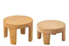 Set Of 2 Table Round Teak Wood Natural