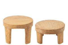 Set Of 2 Table Round Teak Wood Natural